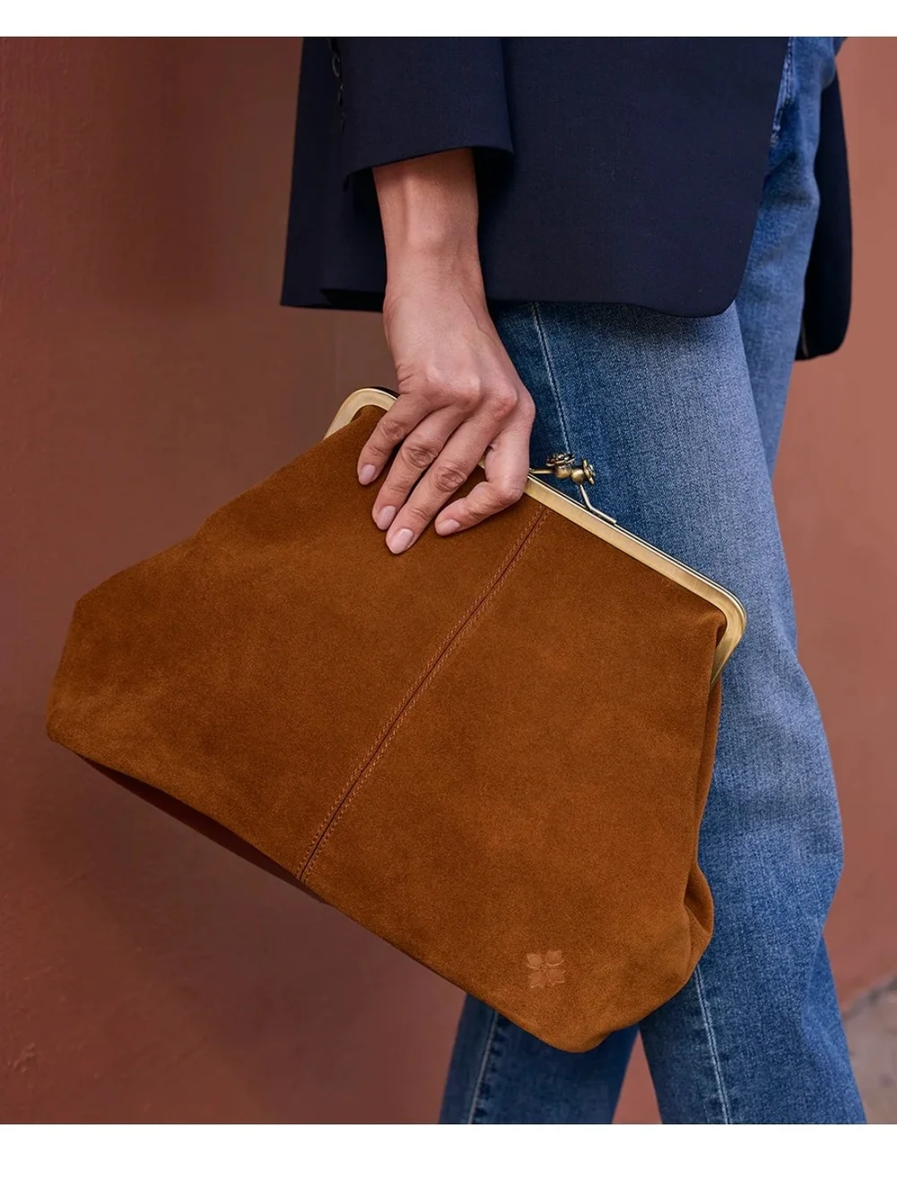 Cognac Suede Frame-Top Shoulder Bag in Cognac With Detachable Crossbody Strap